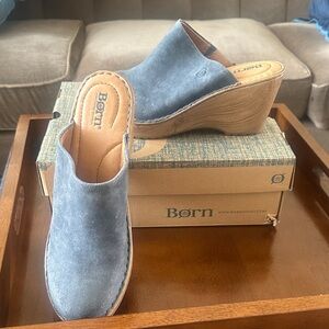 Born Women's Light Blue Suede Wedge Mule NIB Sz11